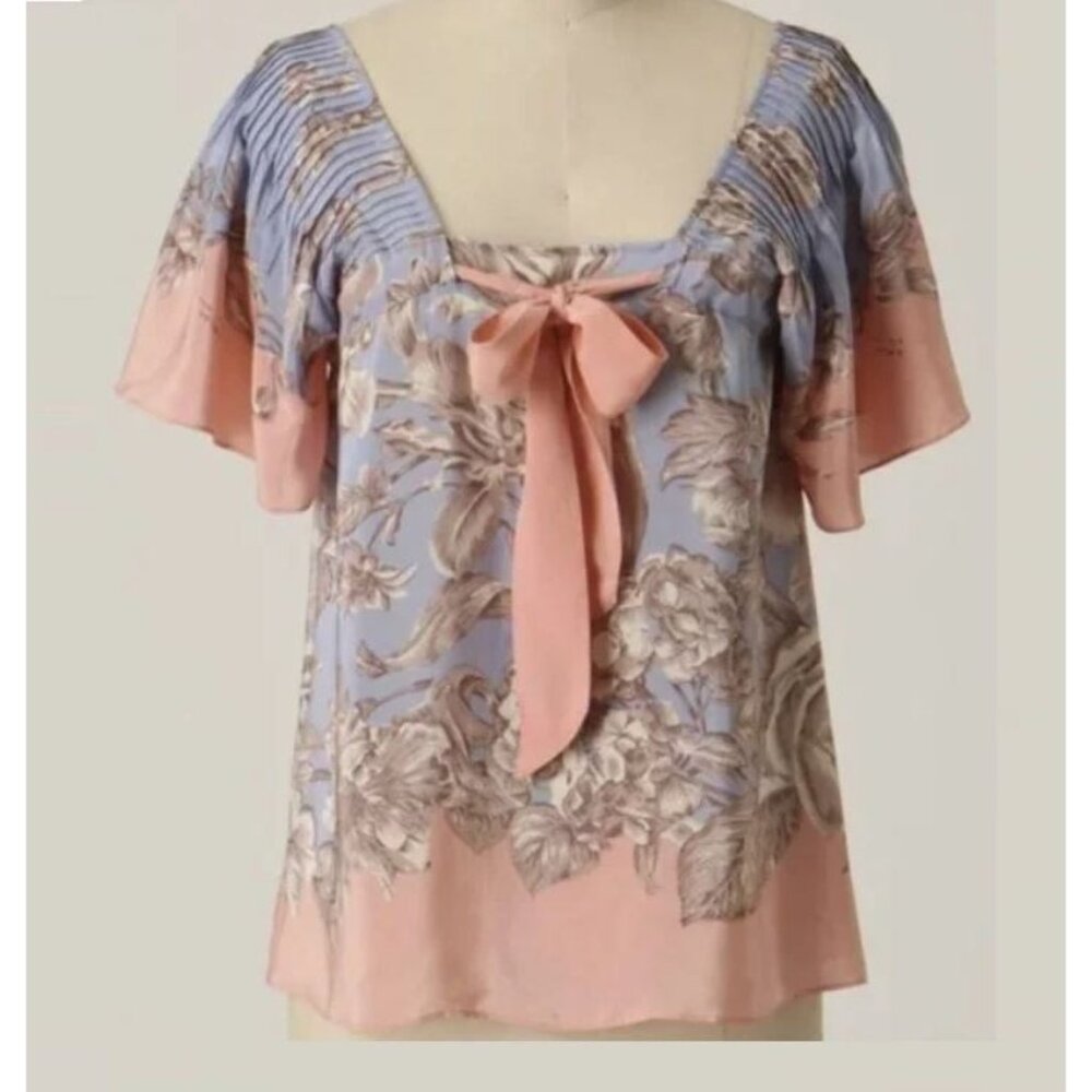 Anthropologie Lil Women's Blouse 12 Approaching Sunset Silk Blue Pink Floral Bow